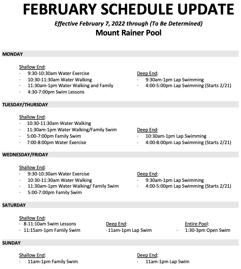 Rainiers Schedule 2022 Schedule Update (Effective 2/7/22) - Mt. Rainier Pool